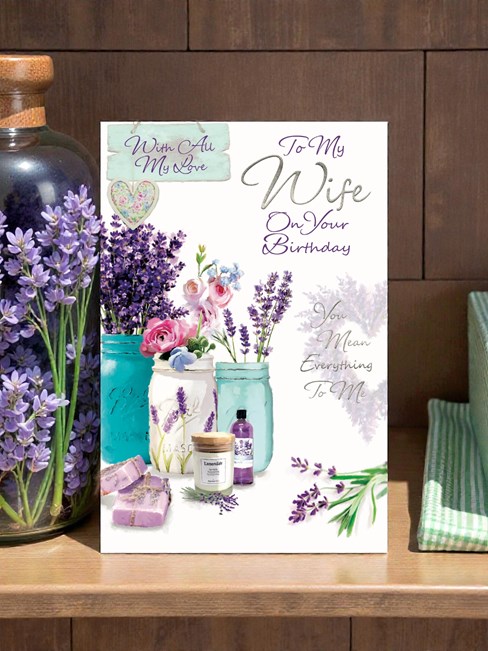 Wife Birthday Card - Lavender and Flowers in Jars with Silver Foil 9x6" Wife Birthday Card - Lavender and Flowers in Jars with Silver Foil 9x6"