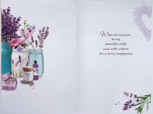 Wife Birthday Card - Lavender and Flowers in Jars with Silver Foil 9x6" Wife Birthday Card - Lavender and Flowers in Jars with Silver Foil 9x6"