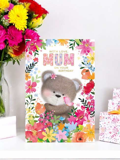 Mum Birthday Card - Bear with Bright Flowers Pink Butterfly & Gold Foil 9x6" Mum Birthday Card - Bear with Bright Flowers Pink Butterfly & Gold Foil 9x6"
