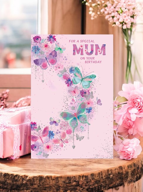 Mum Birthday Card - Pink Lilac Green Butterflies and Flowers with Gold Foil 9x6" Mum Birthday Card - Pink Lilac Green Butterflies and Flowers with Gold Foil 9x6"