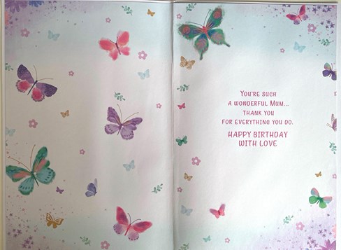 Mum Birthday Card - Pink Lilac Green Butterflies and Flowers with Gold Foil 9x6" Mum Birthday Card - Pink Lilac Green Butterflies and Flowers with Gold Foil 9x6"