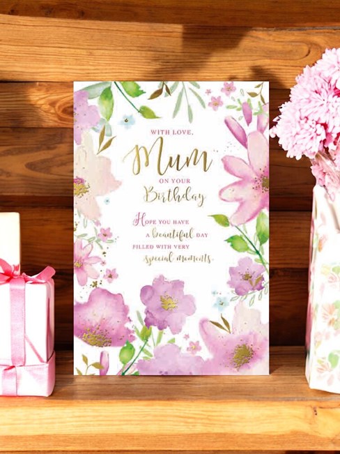 Mum Birthday Card - Pink Abstract Flowers with Green Leaves and Gold Foil 9x6" Mum Birthday Card - Pink Abstract Flowers with Green Leaves and Gold Foil 9x6"