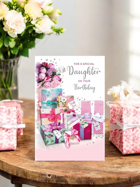 Daughter Birthday Card - Wrapped Presents and Flowers with Silver Foil 9x6" Daughter Birthday Card - Wrapped Presents and Flowers with Silver Foil 9x6"