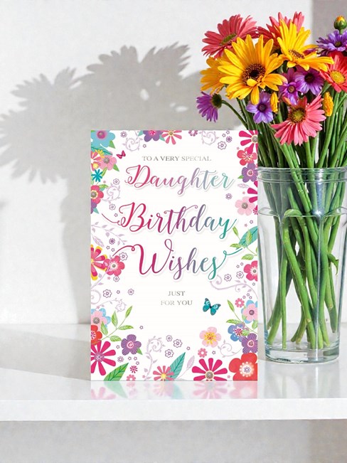 Daughter Birthday Card - Bright Flower Border with Butterflies Silver Foil 9x6" Daughter Birthday Card - Bright Flower Border with Butterflies Silver Foil 9x6"