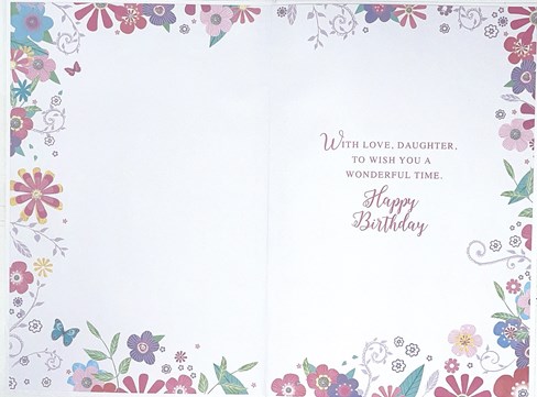 Daughter Birthday Card - Bright Flower Border with Butterflies Silver Foil 9x6" Daughter Birthday Card - Bright Flower Border with Butterflies Silver Foil 9x6"