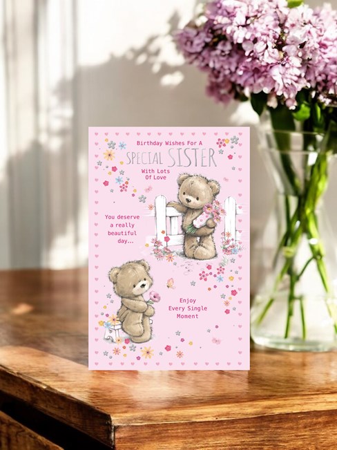 Sister Birthday Card - Cute Bears with Flowers Butterflies and Silver Foil 9x6" Sister Birthday Card - Cute Bears with Flowers Butterflies and Silver Foil 9x6"