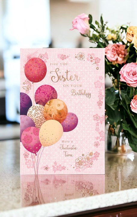 Sister Birthday Card - Pink Purple Yellow Balloons Flower Border Gold Foil 9x6" Sister Birthday Card - Pink Purple Yellow Balloons Flower Border Gold Foil 9x6"