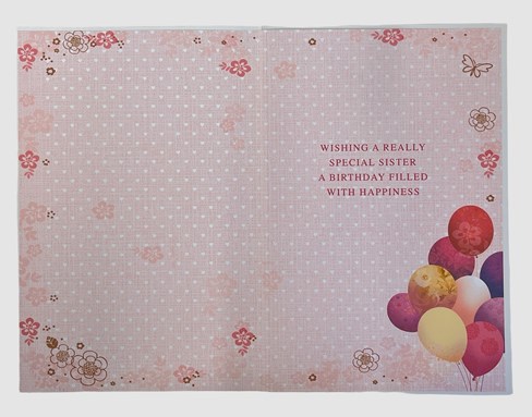 Sister Birthday Card - Pink Purple Yellow Balloons Flower Border Gold Foil 9x6" Sister Birthday Card - Pink Purple Yellow Balloons Flower Border Gold Foil 9x6"