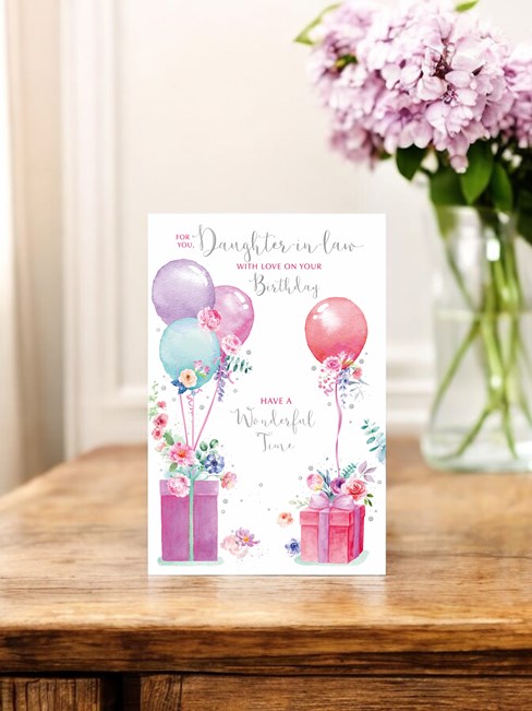 Daughter-in-Law Birthday Card - Pink Lilac Green Balloons Boxes & Flowers 9x6" Daughter-in-Law Birthday Card - Pink Lilac Green Balloons Boxes & Flowers 9x6"
