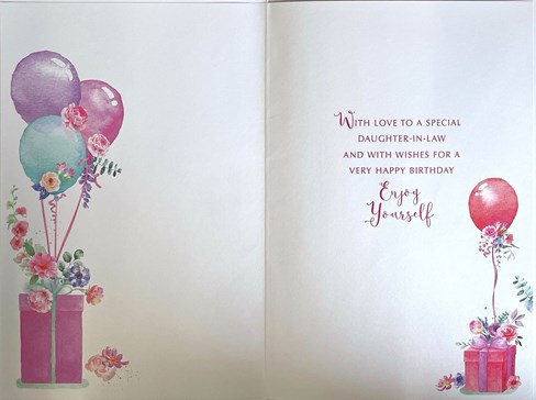 Daughter-in-Law Birthday Card - Pink Lilac Green Balloons Boxes & Flowers 9x6" Daughter-in-Law Birthday Card - Pink Lilac Green Balloons Boxes & Flowers 9x6"