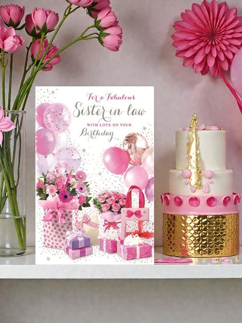 Sister-in-Law Birthday Card - Pink Presents Flowers and Balloons Silver Foil 9x6 Sister-in-Law Birthday Card - Pink Presents Flowers and Balloons Silver Foil 9x6
