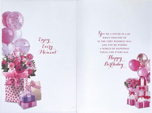 Sister-in-Law Birthday Card - Pink Presents Flowers and Balloons Silver Foil 9x6 Sister-in-Law Birthday Card - Pink Presents Flowers and Balloons Silver Foil 9x6