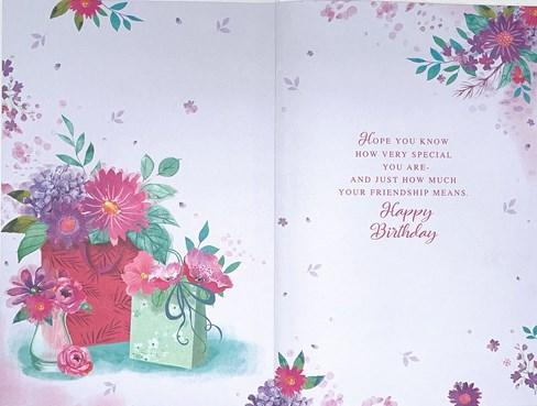 Special Friend Birthday Card - Bright Pink and Lilac Flowers with Gold Foil 9x6" Special Friend Birthday Card - Bright Pink and Lilac Flowers with Gold Foil 9x6"