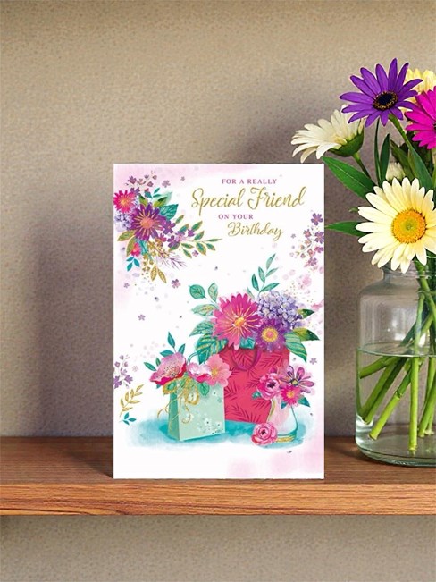 Special Friend Birthday Card - Bright Pink and Lilac Flowers with Gold Foil 9x6" Special Friend Birthday Card - Bright Pink and Lilac Flowers with Gold Foil 9x6"