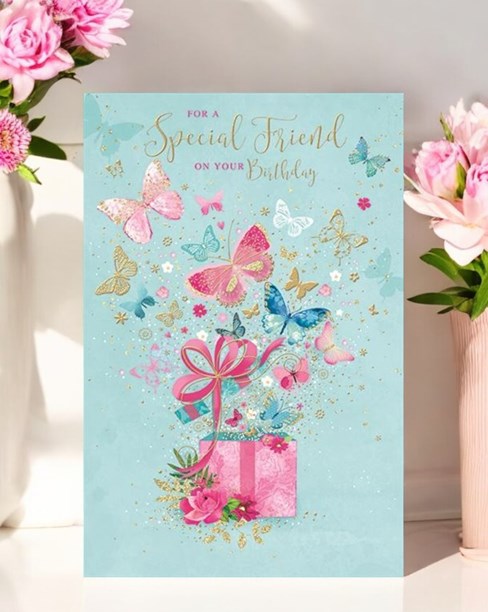 Special Friend Birthday Card - Pink Blue White Butterflies with Gold Foil 9x6" Special Friend Birthday Card - Pink Blue White Butterflies with Gold Foil 9x6"
