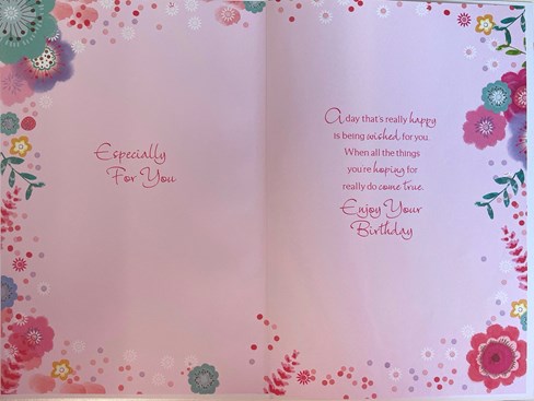 Open Female Birthday Card - Pink Blue and Green Flowers with Gold Foil 9" x 6" Open Female Birthday Card - Pink Blue and Green Flowers with Gold Foil 9" x 6"