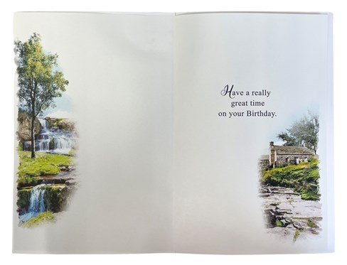 Open Male Birthday Card - Waterfall Countryside Scene with Silver Foil 9x6" Open Male Birthday Card - Waterfall Countryside Scene with Silver Foil 9x6"