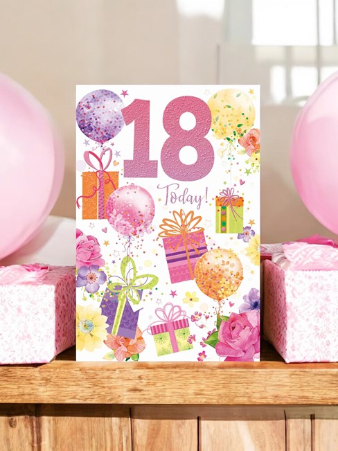 Age 18 Female 18th Birthday Card - Balloons Presents and Flowers Pink Foil 9x6" Age 18 Female 18th Birthday Card - Balloons Presents and Flowers Pink Foil 9x6"