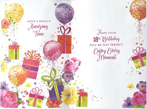 Age 18 Female 18th Birthday Card - Balloons Presents and Flowers Pink Foil 9x6" Age 18 Female 18th Birthday Card - Balloons Presents and Flowers Pink Foil 9x6"