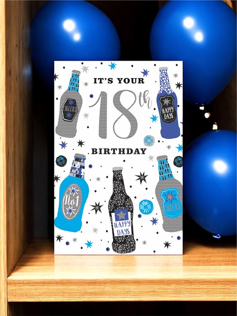 Age 18 Male 18th Birthday Card - Blue and Silver Foil Beer Bottles 9" x 6" Age 18 Male 18th Birthday Card - Blue and Silver Foil Beer Bottles 9" x 6"