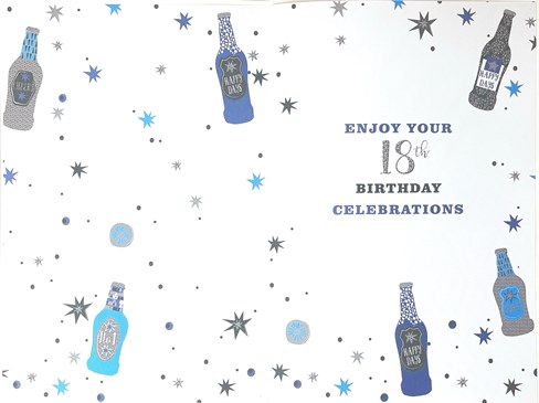 Age 18 Male 18th Birthday Card - Blue and Silver Foil Beer Bottles 9" x 6" Age 18 Male 18th Birthday Card - Blue and Silver Foil Beer Bottles 9" x 6"