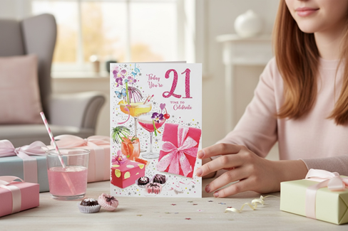 21st Birthday Card - Female Age 21 Pink Presents Cocktails Silver Foil 9x6" 21st Birthday Card - Female Age 21 Pink Presents Cocktails Silver Foil 9x6"