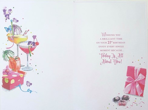 21st Birthday Card - Female Age 21 Pink Presents Cocktails Silver Foil 9x6" 21st Birthday Card - Female Age 21 Pink Presents Cocktails Silver Foil 9x6"