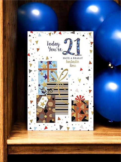21st Birthday Card - Male Age 21 Today Blue Brown Presents with Gold Foil 9x6" 21st Birthday Card - Male Age 21 Today Blue Brown Presents with Gold Foil 9x6"