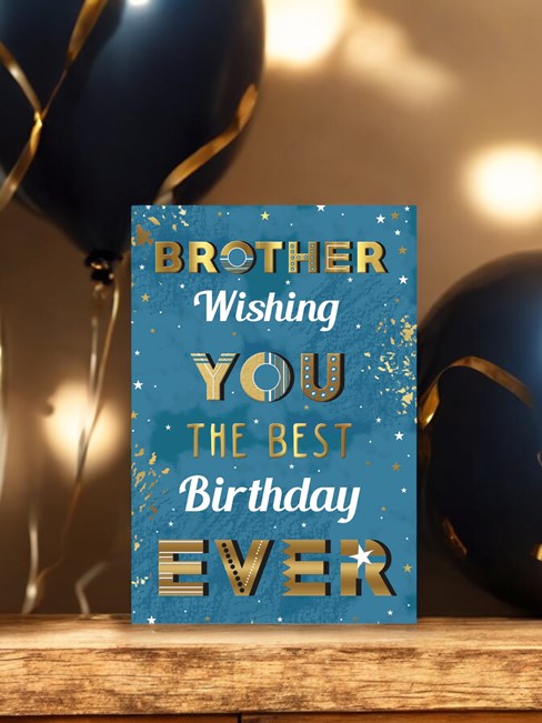 Brother Birthday Card - Blue Background with White & Gold Foil Writing 9x6" Brother Birthday Card - Blue Background with White & Gold Foil Writing 9x6"