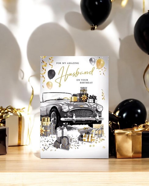 Husband Birthday Card - Black Sports Car with Presents Balloons Gold Foil 9x6" Husband Birthday Card - Black Sports Car with Presents Balloons Gold Foil 9x6"