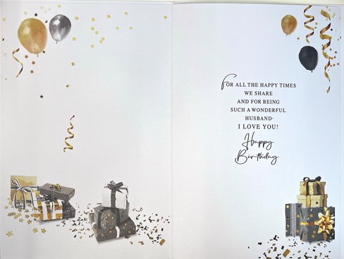 Husband Birthday Card - Black Sports Car with Presents Balloons Gold Foil 9x6" Husband Birthday Card - Black Sports Car with Presents Balloons Gold Foil 9x6"