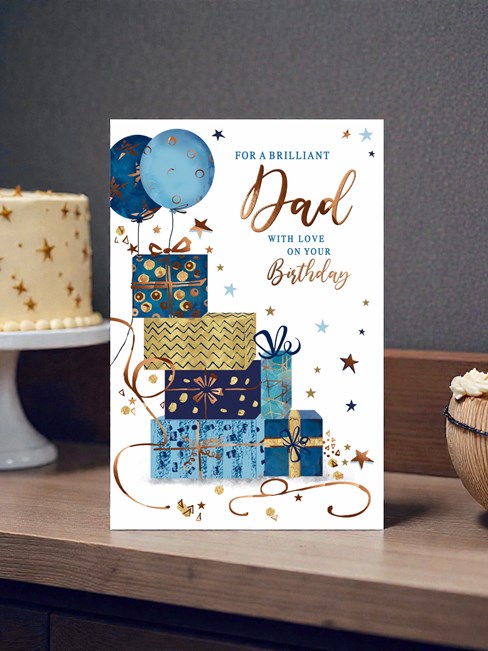 Dad Birthday Card - Blue Stacked Presents with Balloons and Copper Foil 9x6" Dad Birthday Card - Blue Stacked Presents with Balloons and Copper Foil 9x6"