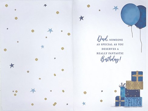 Dad Birthday Card - Blue Stacked Presents with Balloons and Copper Foil 9x6" Dad Birthday Card - Blue Stacked Presents with Balloons and Copper Foil 9x6"