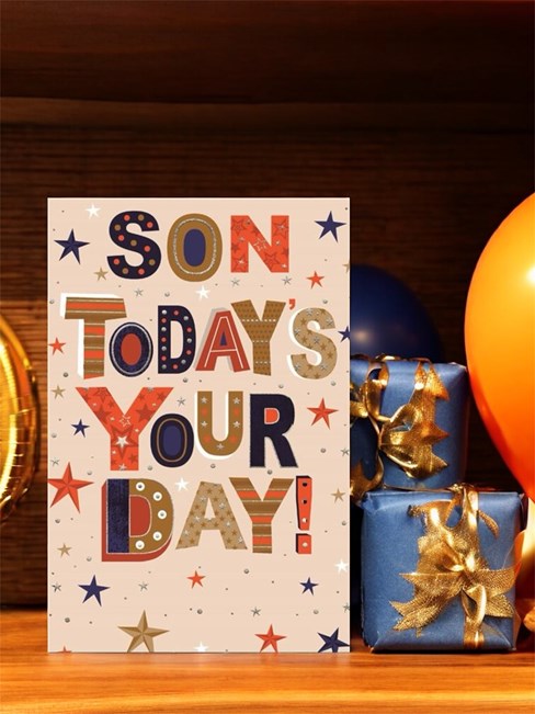 Son Birthday Card - Red Blue Brown Writing & Stars with Silver Foil Detail 9x6" Son Birthday Card - Red Blue Brown Writing & Stars with Silver Foil Detail 9x6"