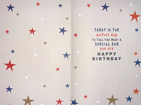 Son Birthday Card - Red Blue Brown Writing & Stars with Silver Foil Detail 9x6" Son Birthday Card - Red Blue Brown Writing & Stars with Silver Foil Detail 9x6"