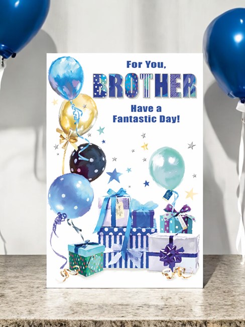 Brother Birthday Card - Blue Green Balloons and Presents with Silver Foil 9x6" Brother Birthday Card - Blue Green Balloons and Presents with Silver Foil 9x6"