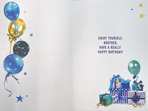 Brother Birthday Card - Blue Green Balloons and Presents with Silver Foil 9x6" Brother Birthday Card - Blue Green Balloons and Presents with Silver Foil 9x6"
