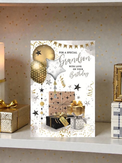 Grandson Birthday Card - Black Gold Silver Balloons Presents Silver Foil 9x6" Grandson Birthday Card - Black Gold Silver Balloons Presents Silver Foil 9x6"