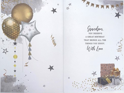 Grandson Birthday Card - Black Gold Silver Balloons Presents Silver Foil 9x6" Grandson Birthday Card - Black Gold Silver Balloons Presents Silver Foil 9x6"