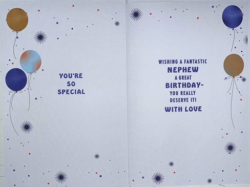 Nephew Birthday Card - Blue Balloons Stars and Writing with Gold Foil 9x6" Nephew Birthday Card - Blue Balloons Stars and Writing with Gold Foil 9x6"