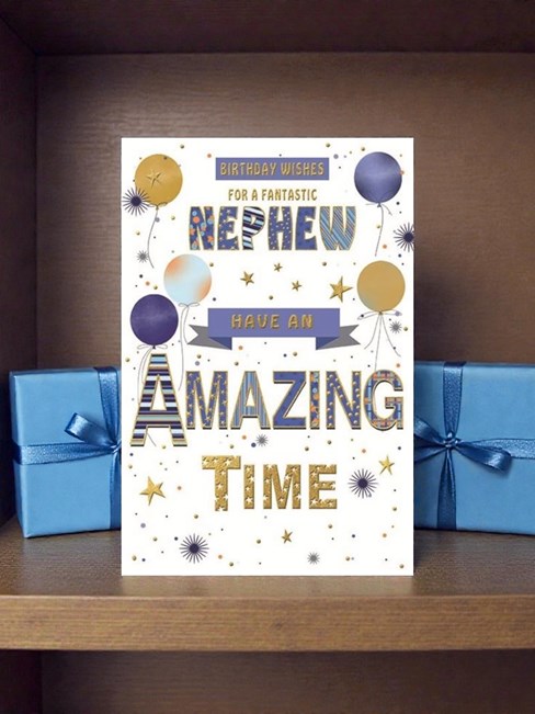 Nephew Birthday Card - Blue Balloons Stars and Writing with Gold Foil 9x6" Nephew Birthday Card - Blue Balloons Stars and Writing with Gold Foil 9x6"