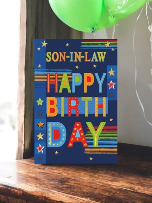 Son-in-Law Birthday Card - Blue Background Bright Writing & Stars Gold Foil 9x6" Son-in-Law Birthday Card - Blue Background Bright Writing & Stars Gold Foil 9x6"