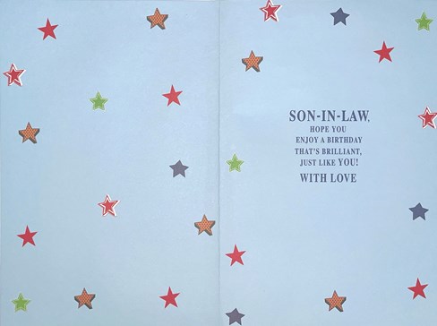 Son-in-Law Birthday Card - Blue Background Bright Writing & Stars Gold Foil 9x6" Son-in-Law Birthday Card - Blue Background Bright Writing & Stars Gold Foil 9x6"
