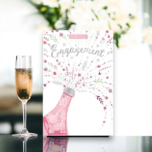 Engagement Card - Champagne Bottle with Flowers and Silver Foil 9x6" Engagement Card - Champagne Bottle with Flowers and Silver Foil 9x6"