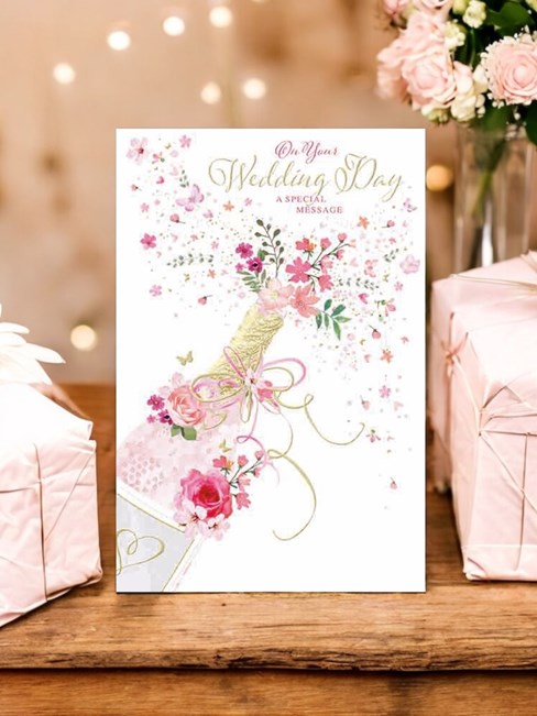 Wedding Day Congratulations Card - Champagne Bottle Pink Flowers Foil 9x6.25" Wedding Day Congratulations Card - Champagne Bottle Pink Flowers Foil 9x6.25"