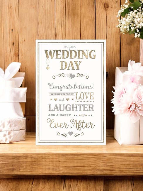 Wedding Day Card - Congratulations Gold and Silver Writing with Gold Foil 9x6" Wedding Day Card - Congratulations Gold and Silver Writing with Gold Foil 9x6"