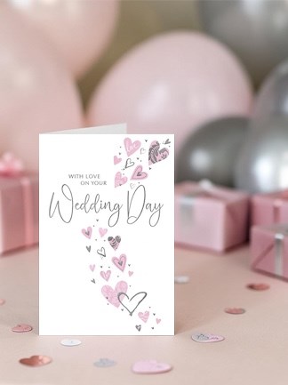 Wedding Day Card - Congratulations Pink Hearts with Silver Foil Writing 9x6" Wedding Day Card - Congratulations Pink Hearts with Silver Foil Writing 9x6"