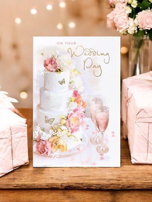 Wedding Day Card - Wedding Cake Flowers Champagne Glasses Gold Foil 9x6" Wedding Day Card - Wedding Cake Flowers Champagne Glasses Gold Foil 9x6"