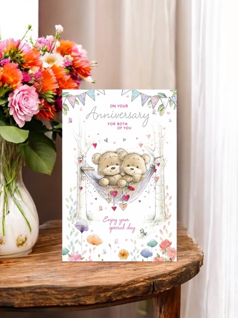 Wedding Anniversary Card - Bears in Hammock with Hearts Flowers Silver Foil 9x6" Wedding Anniversary Card - Bears in Hammock with Hearts Flowers Silver Foil 9x6"