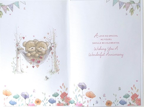 Wedding Anniversary Card - Bears in Hammock with Hearts Flowers Silver Foil 9x6" Wedding Anniversary Card - Bears in Hammock with Hearts Flowers Silver Foil 9x6"
